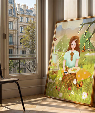 Ilustración de una chica pintando al aire libre rodeada de mariposas y flores