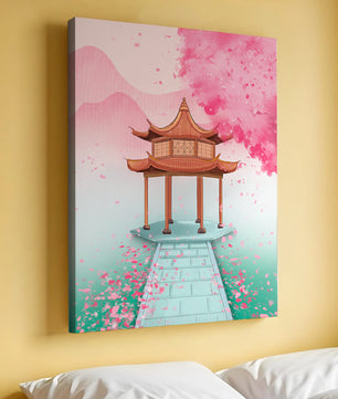 Traditioneller asiatischer Pavillon, umgeben von Kirschblüten