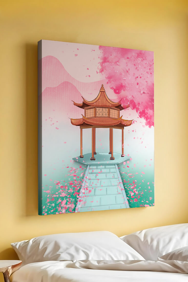Traditional Asian gazebo surrounded by cherry blossoms