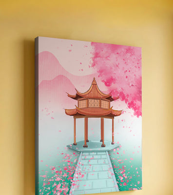 Traditional Asian gazebo surrounded by cherry blossoms