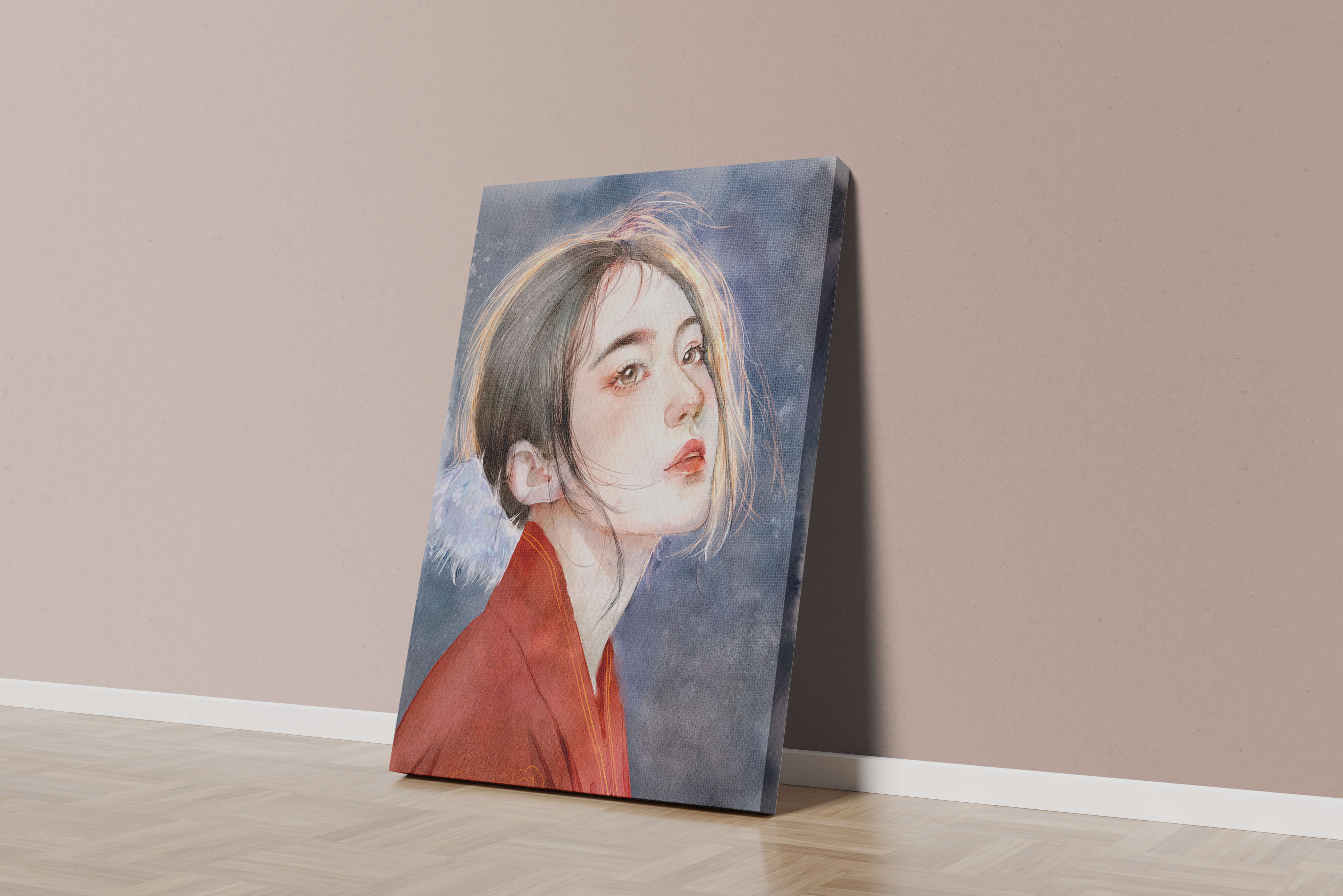 Watercolor portrait of a woman in a red garment with expressive features
