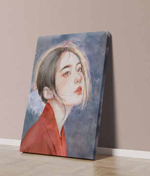 Watercolor portrait of a woman in a red garment with expressive features