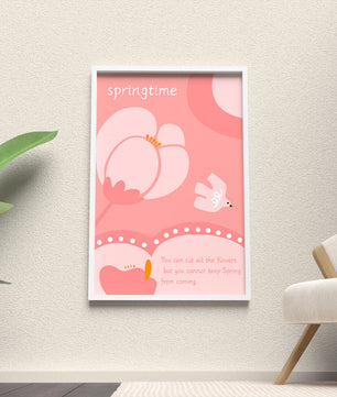 Springtime illustration with flowers and bird on pink background