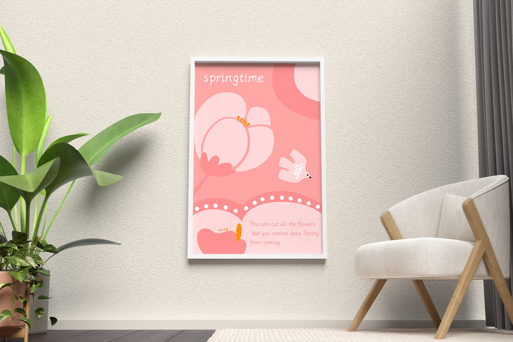 Springtime illustration with flowers and bird on pink background