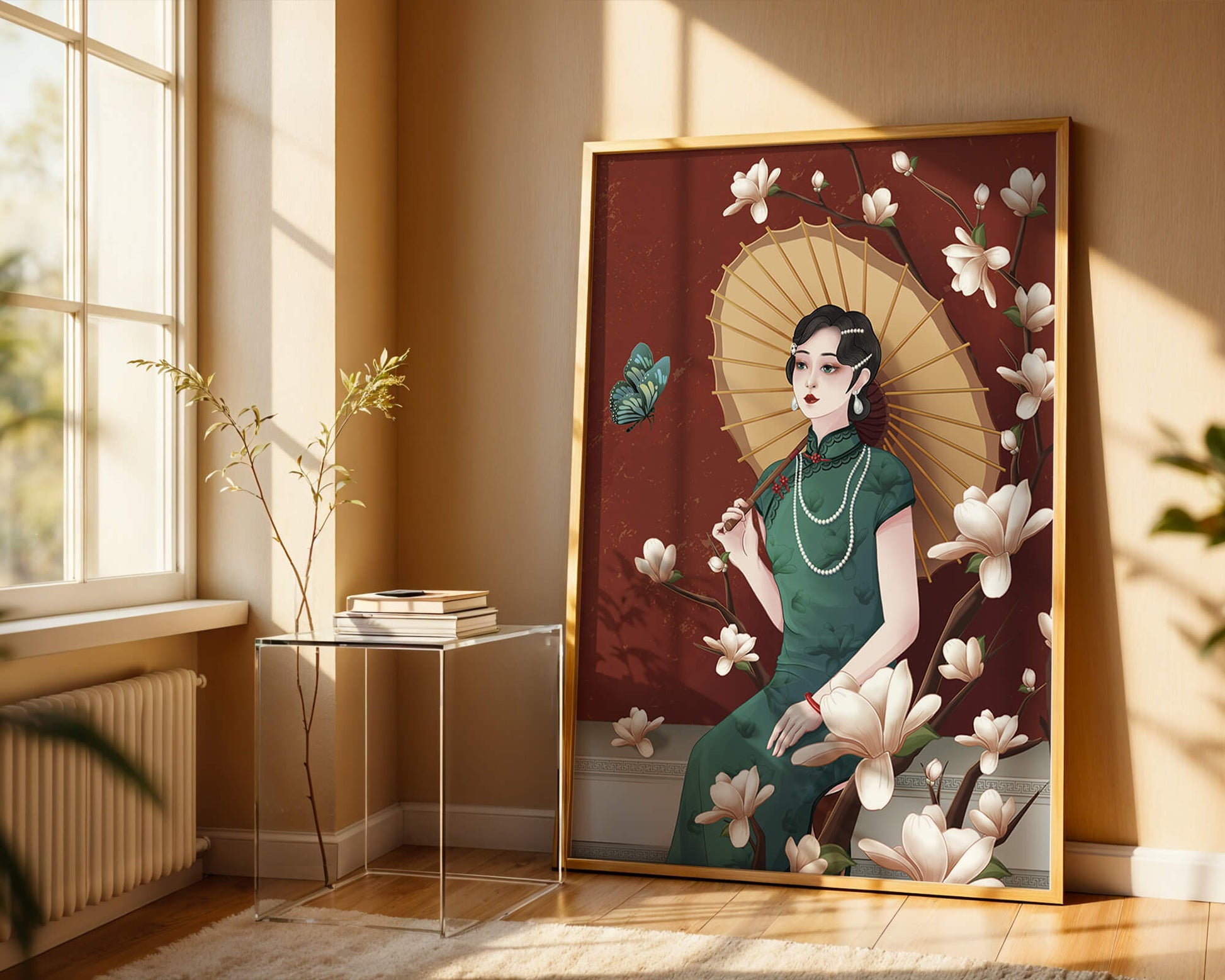 Mujer elegante con parasol y flores de magnolia sobre fondo rojo