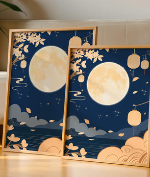 Full Moon Night with Lanterns and Falling Leaves in Tranquil Landscape