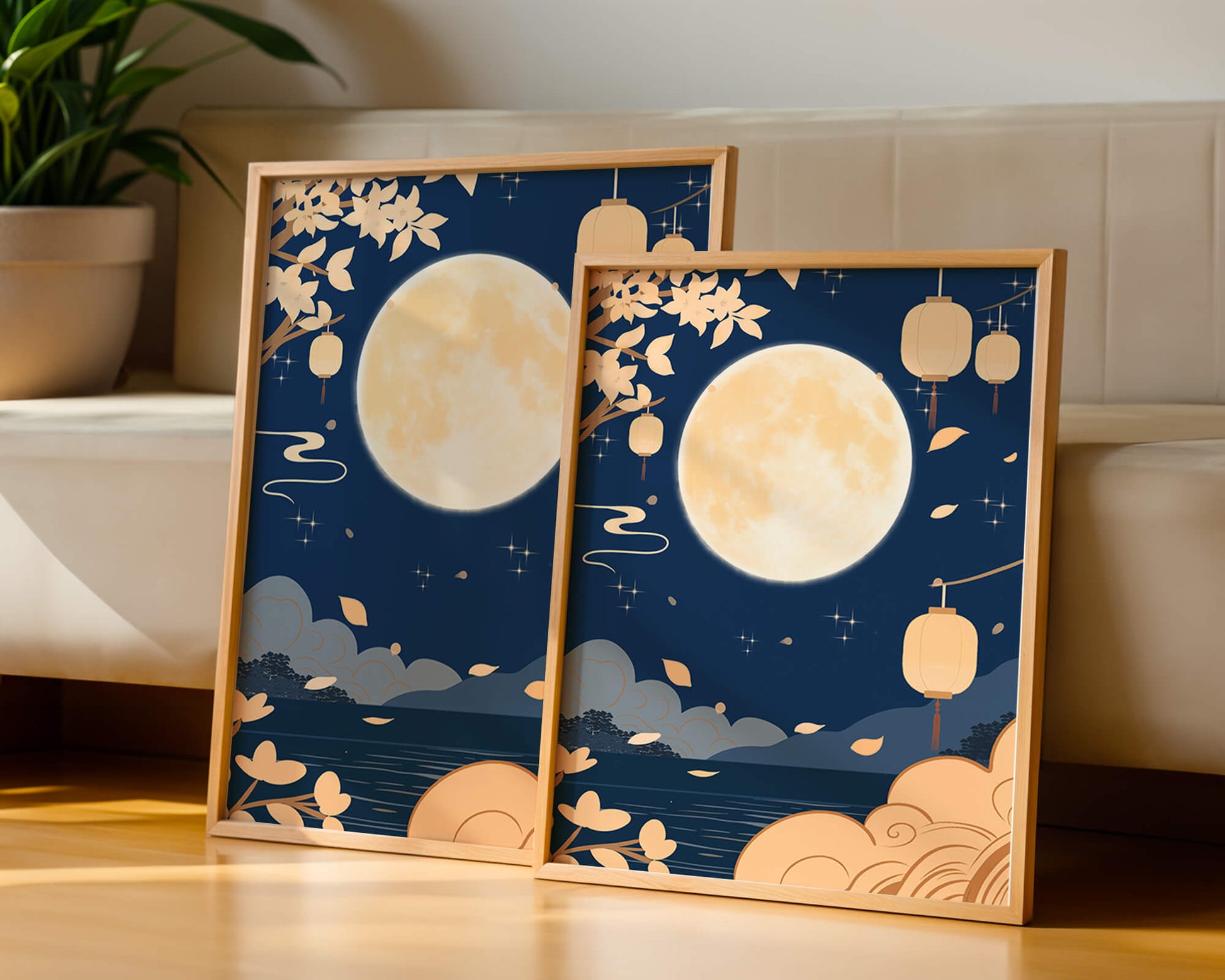 Full Moon Night with Lanterns and Falling Leaves in Tranquil Landscape