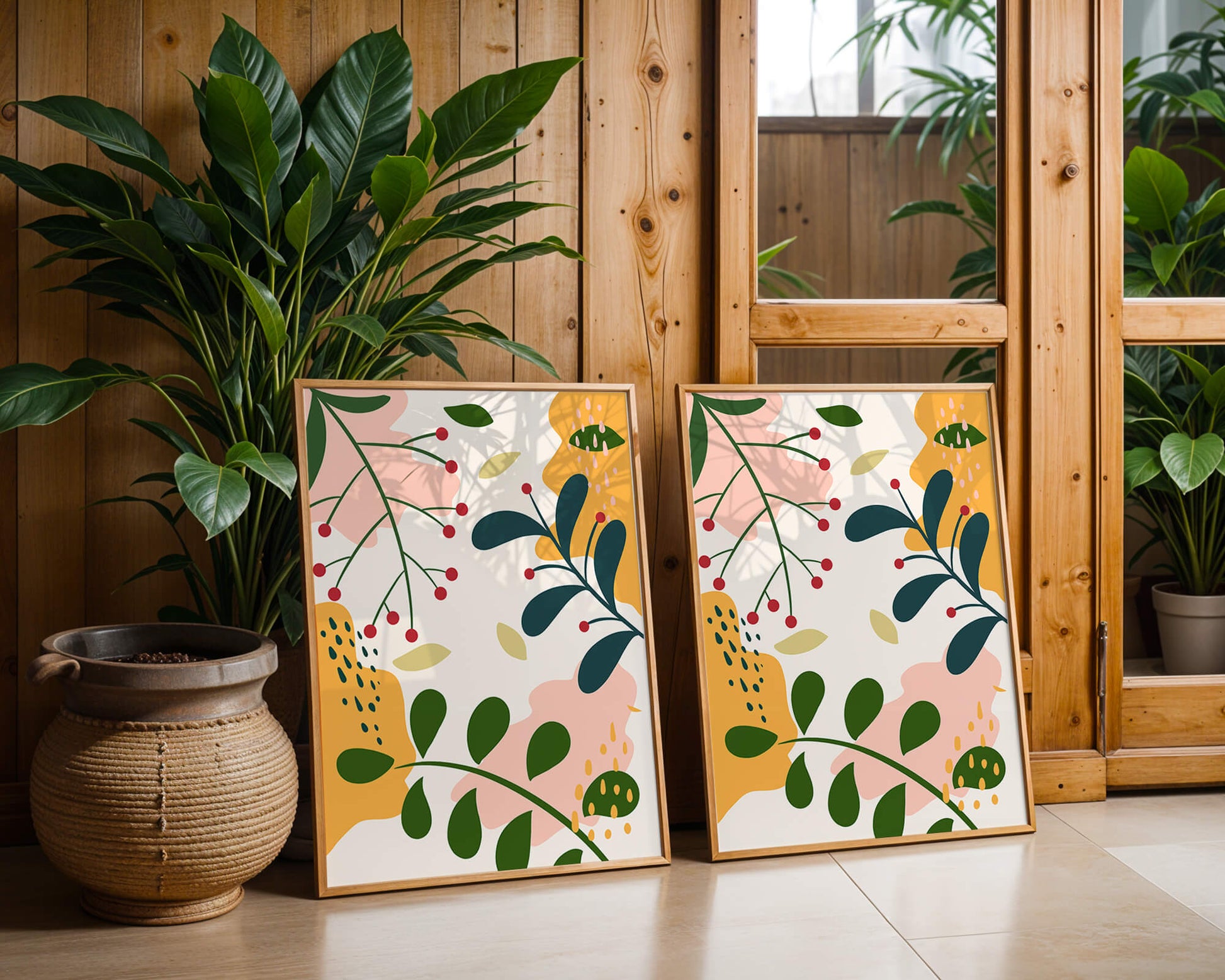 Abstract Floral Pattern with Bold Colors and Geometric Shapes