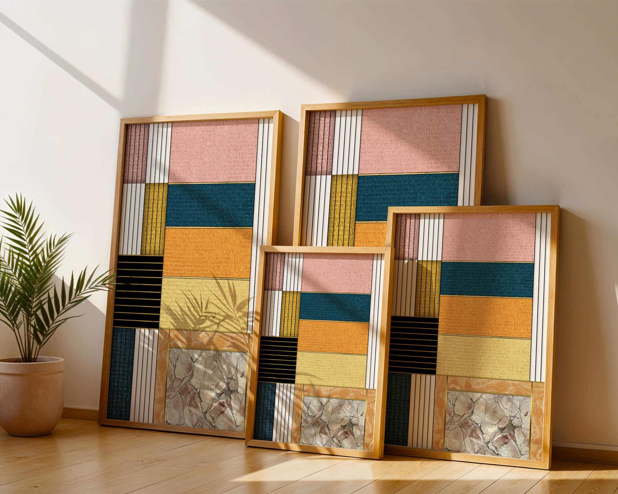 Geometric Abstract Art with Textured Blocks and Gold Accents - Mi tienda