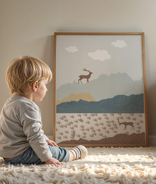 Majestic Deer and Mountain Landscape in Minimalist Style - Mi tienda
