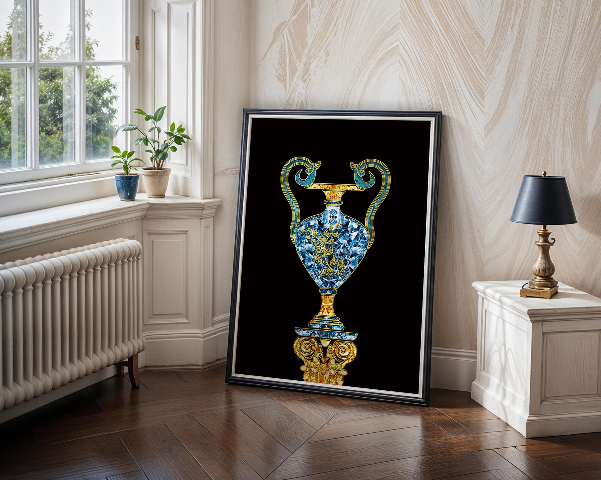 Elegante jarrón con incrustaciones de joyas y detalles dorados y azules sobre fondo negro