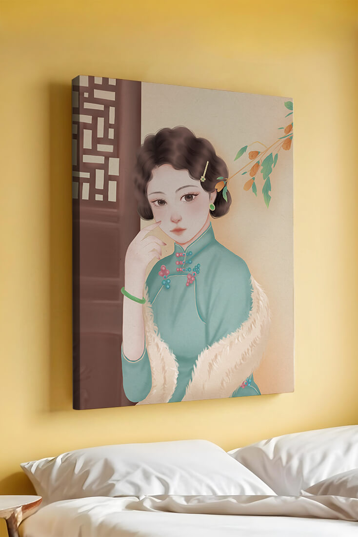 Elegant portrait of a woman in traditional attire with jade accessories