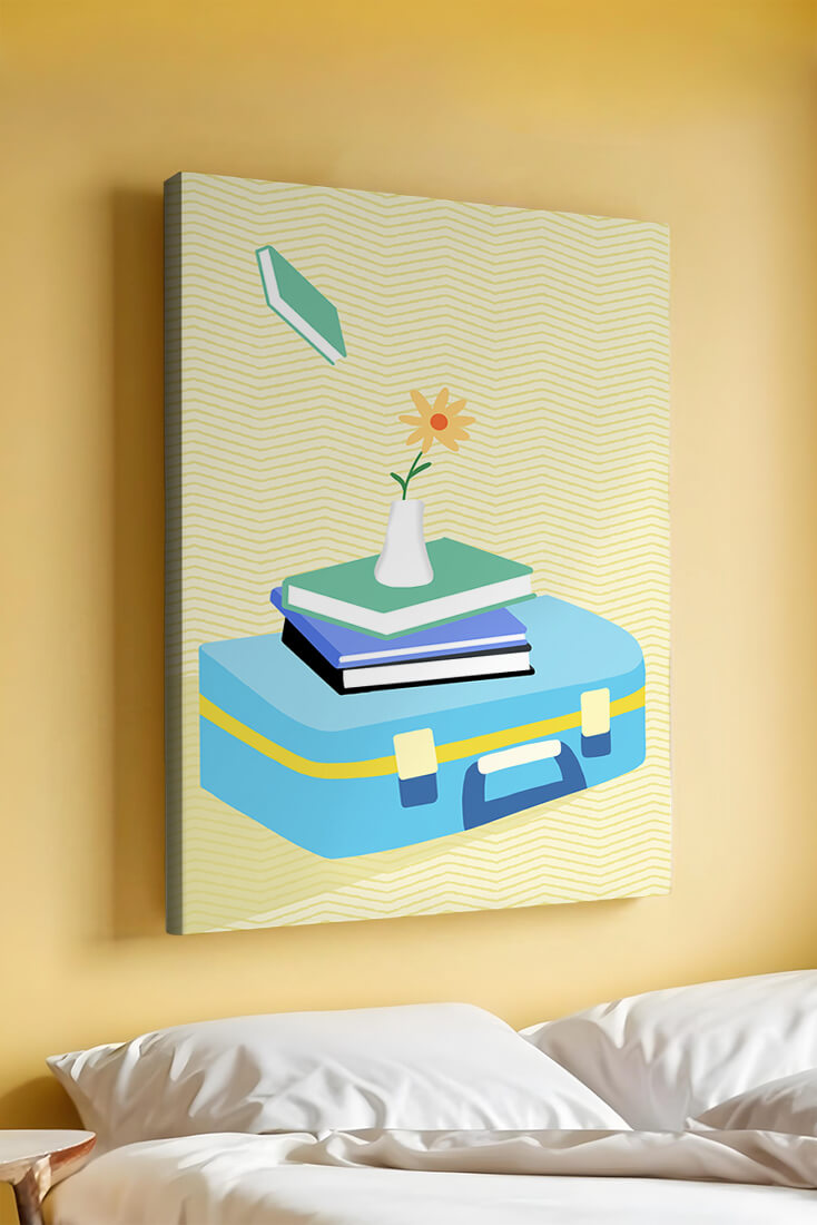 Colorful still life with books, flower vase, and suitcase
