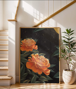Fantasía floral elegante con flores naranjas vibrantes y un brillo dorado
