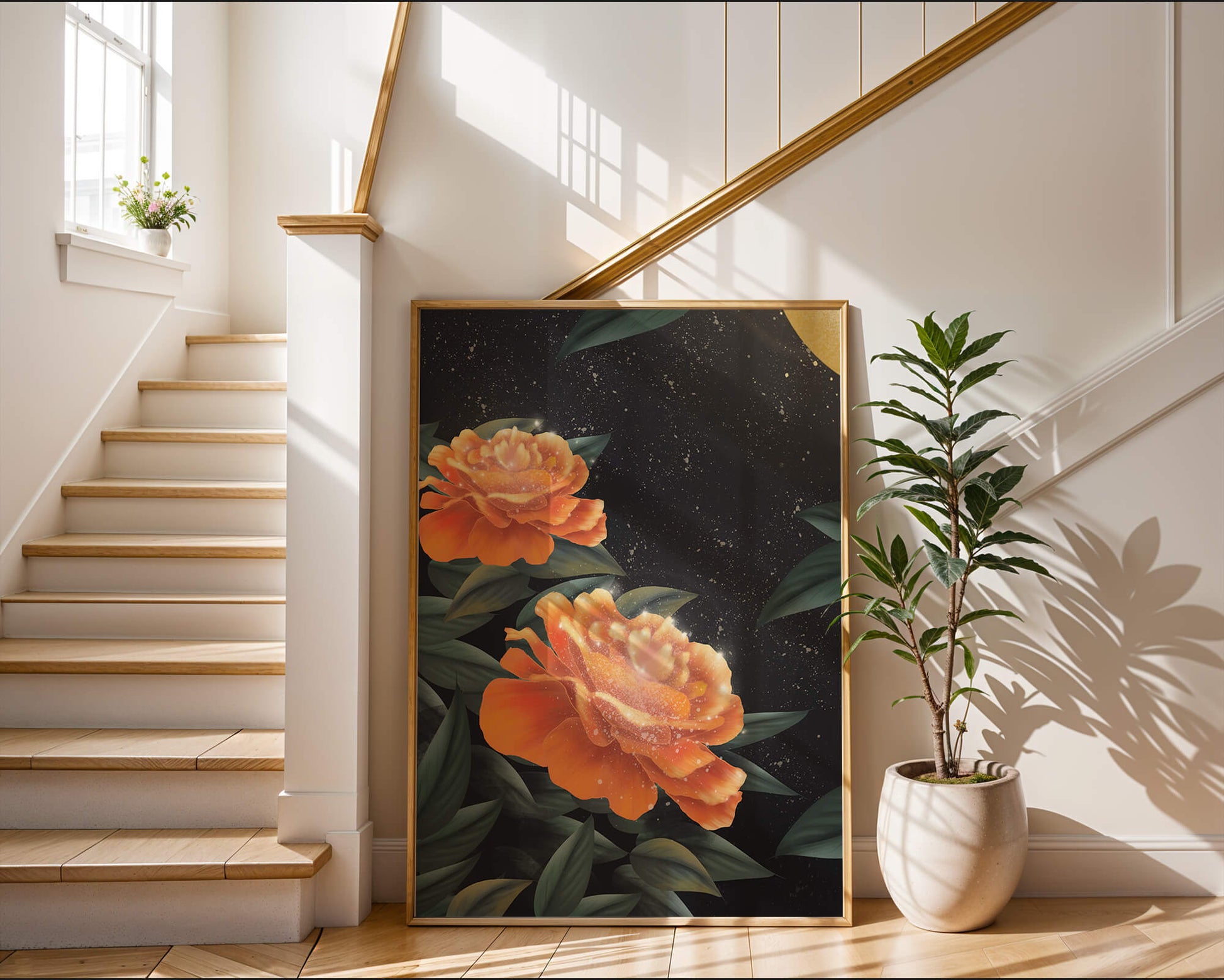 Fantasía floral elegante con flores naranjas vibrantes y un brillo dorado
