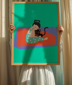 Gemütliche Illustration eines Mädchens, das eine Katze auf einer bunten Matte umarmt