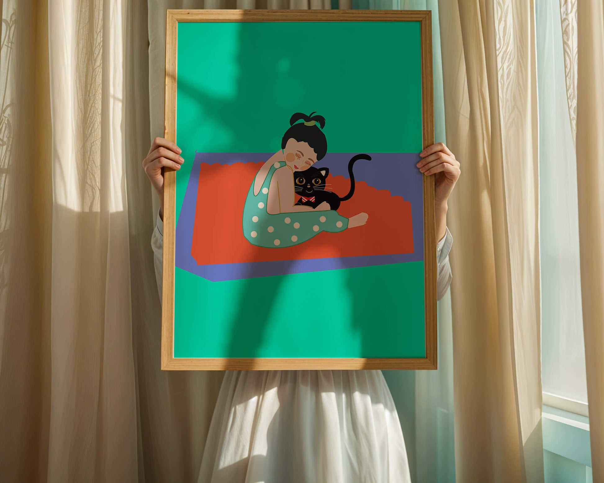 Gemütliche Illustration eines Mädchens, das eine Katze auf einer bunten Matte umarmt