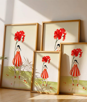 Young girl holding large red flower standing in puddle illustration