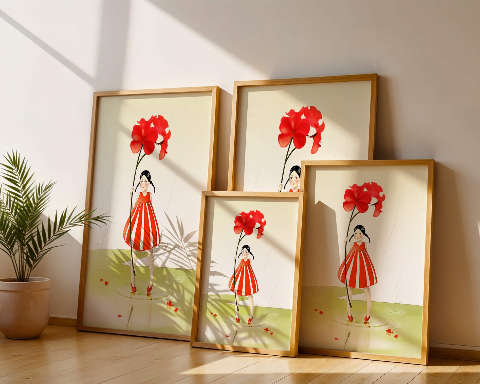 Young girl holding large red flower standing in puddle illustration