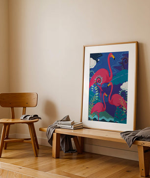 Colorful illustration of flamingos in a tropical setting