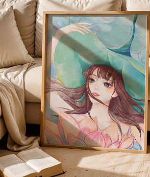 Serene water-inspired portrait of a woman with flowers