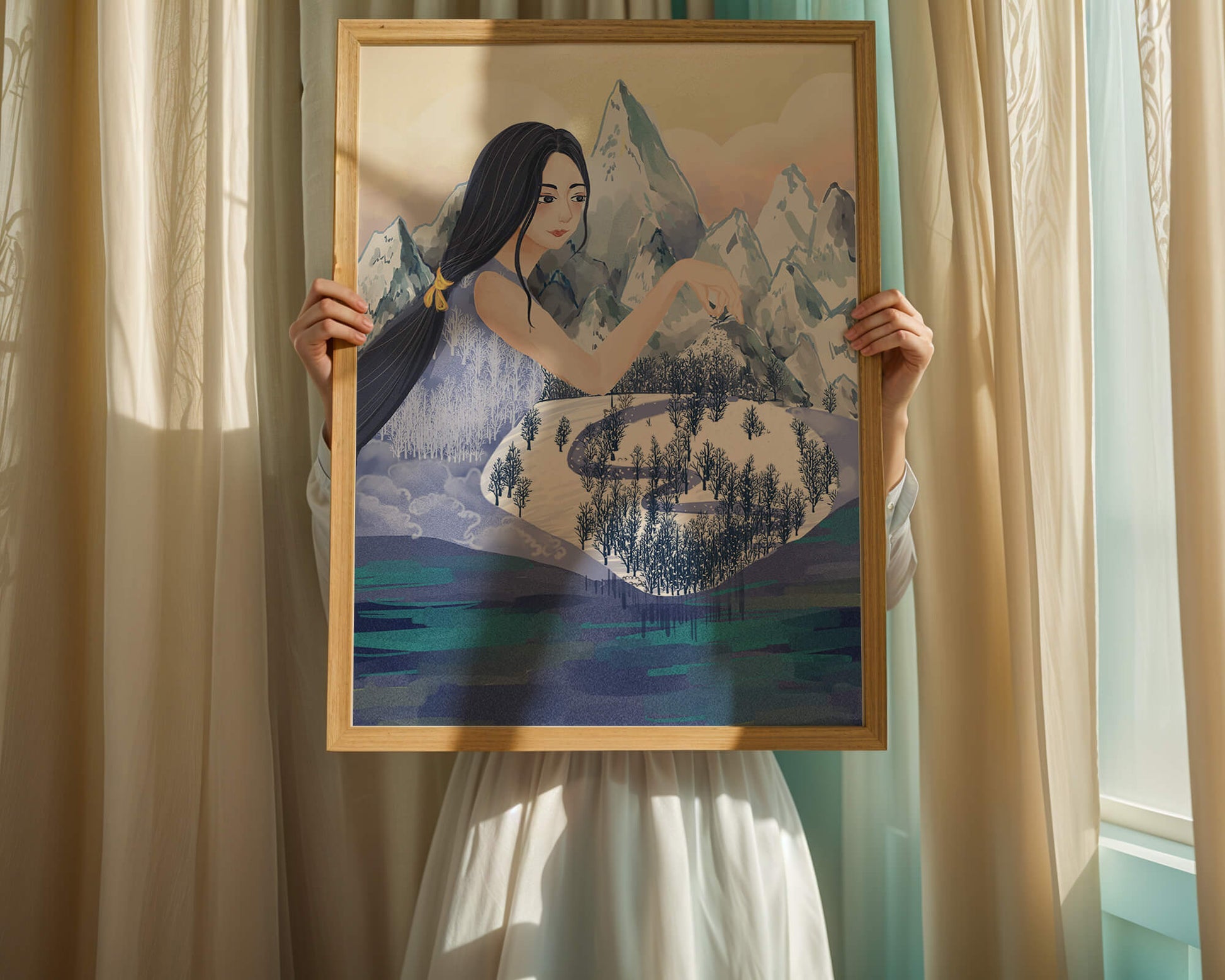 Majestic Woman Overlooking Snowy Mountain Landscape