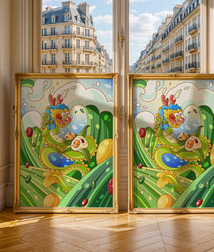 Dragon de dessin animé coloré avec des boulettes dans un paysage fantastique