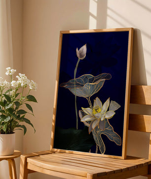Elegant Lotus Flower with Gold Accents on Deep Blue Background