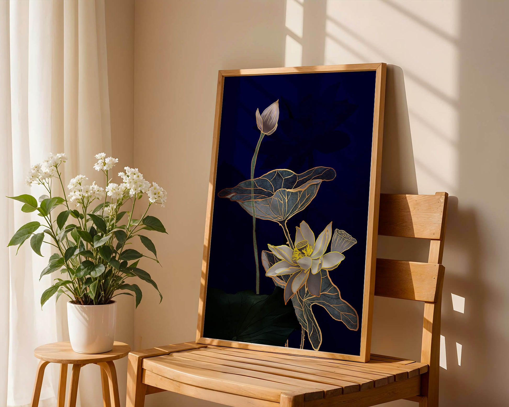 Elegant Lotus Flower with Gold Accents on Deep Blue Background