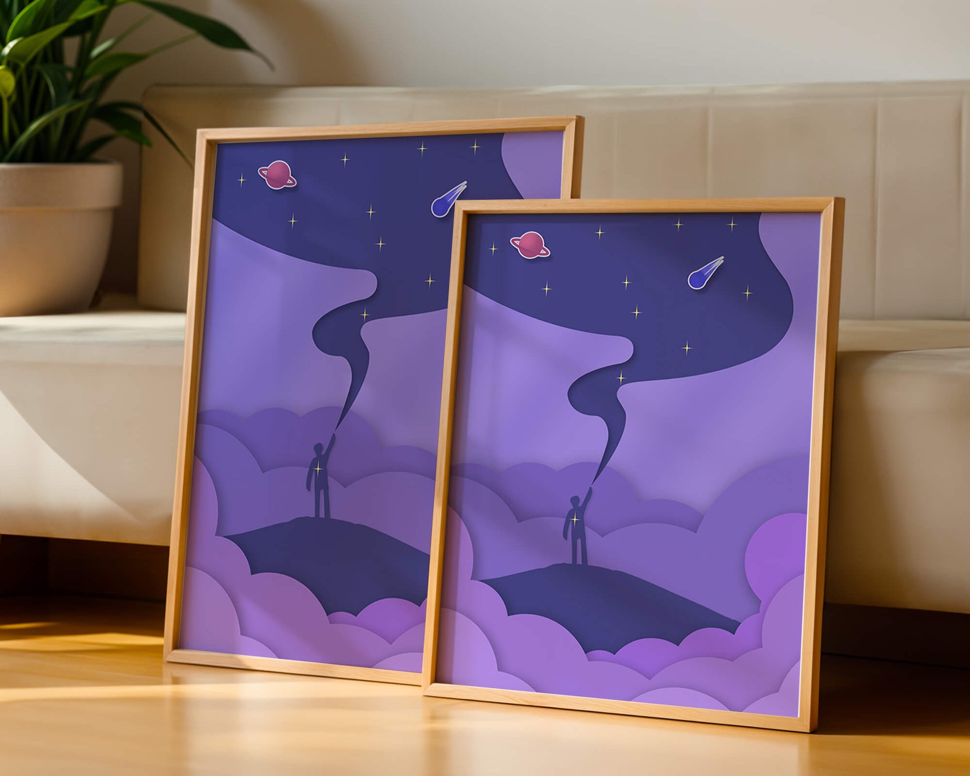 Silhouette in a cosmic landscape with stars and planets