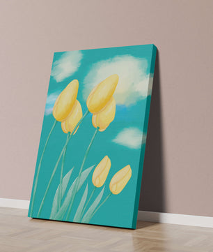 Stylized yellow tulips against a cloudy blue sky background
