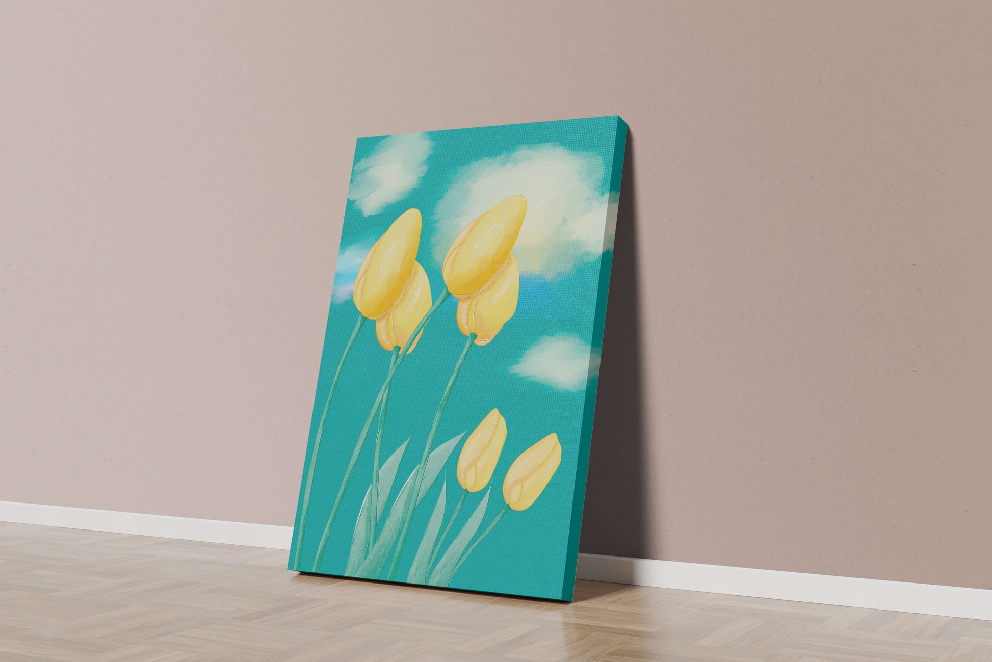 Stylized yellow tulips against a cloudy blue sky background