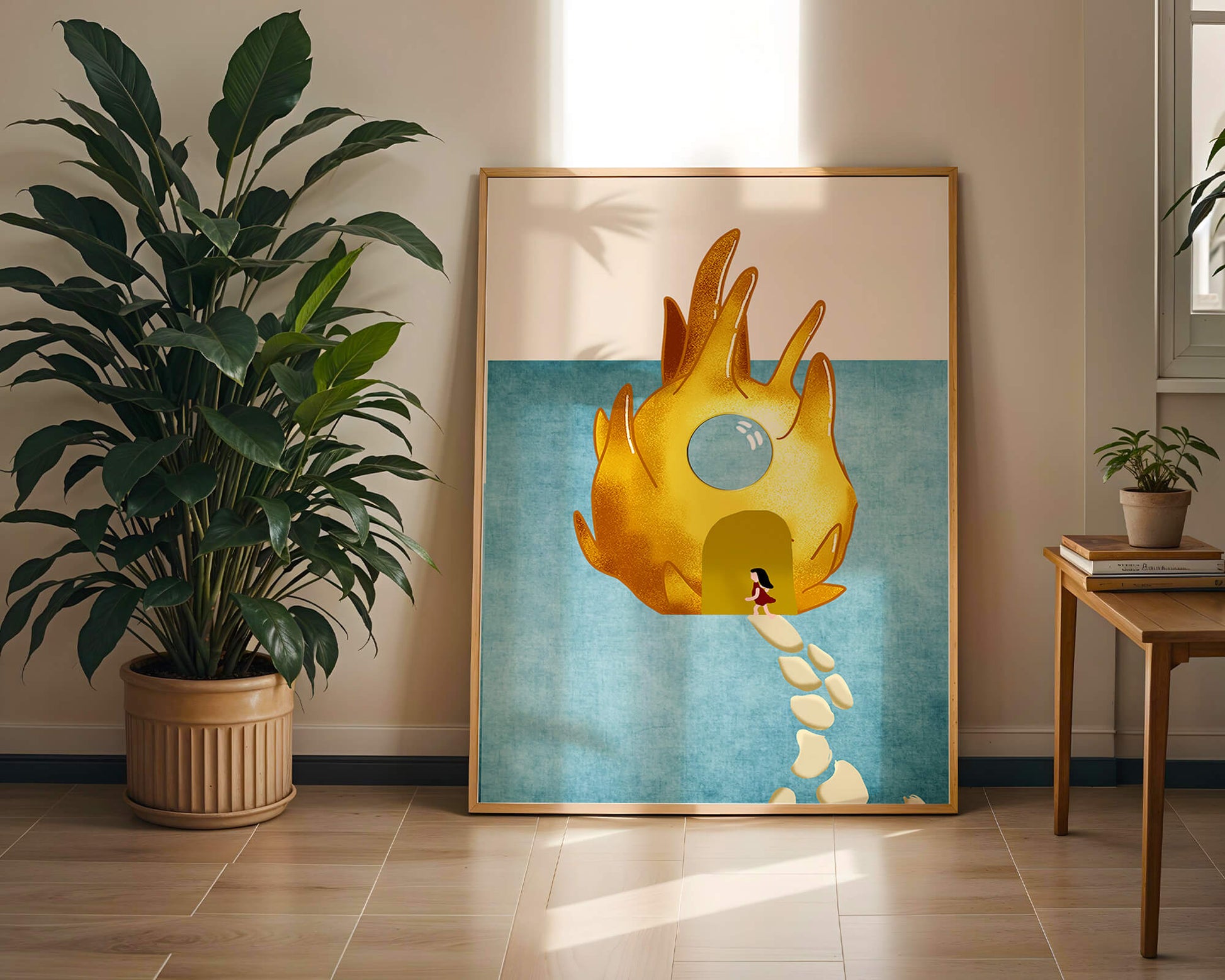 Enchanted House With Golden Flame Shape On Light Blue Background