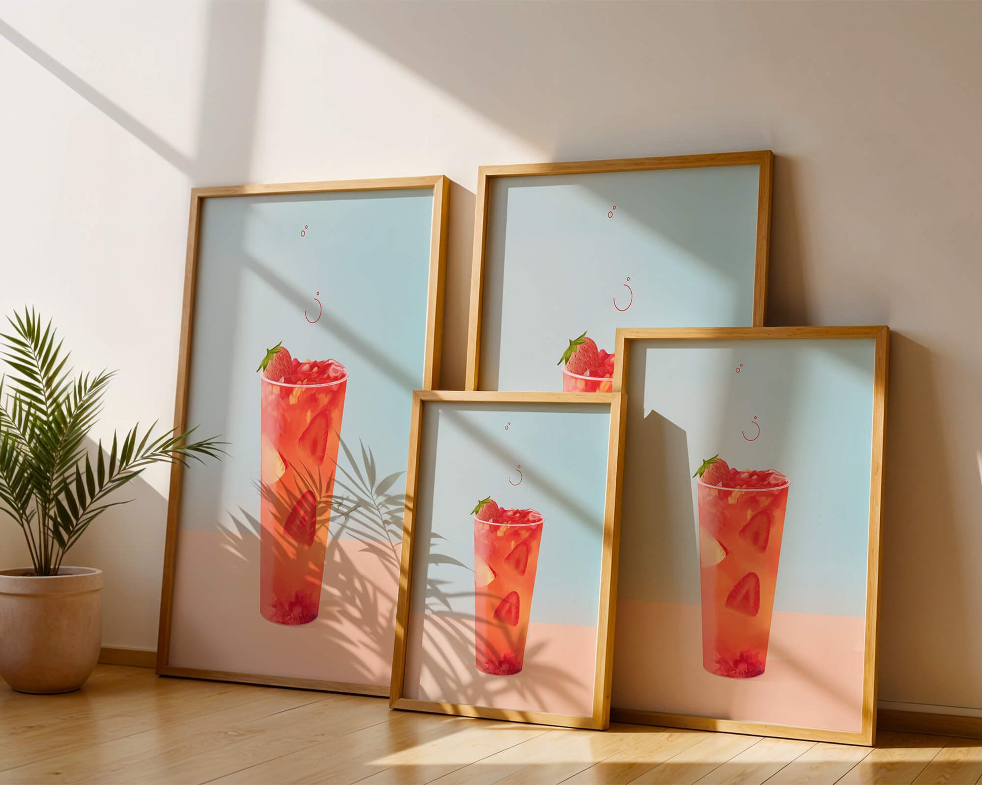 Refreshing strawberry drink with floating slices on pastel background