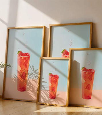 Refreshing strawberry drink with floating slices on pastel background