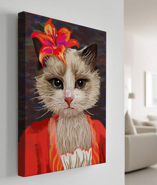 Retrato de gato con acentos de flores vibrantes y atuendo colorido