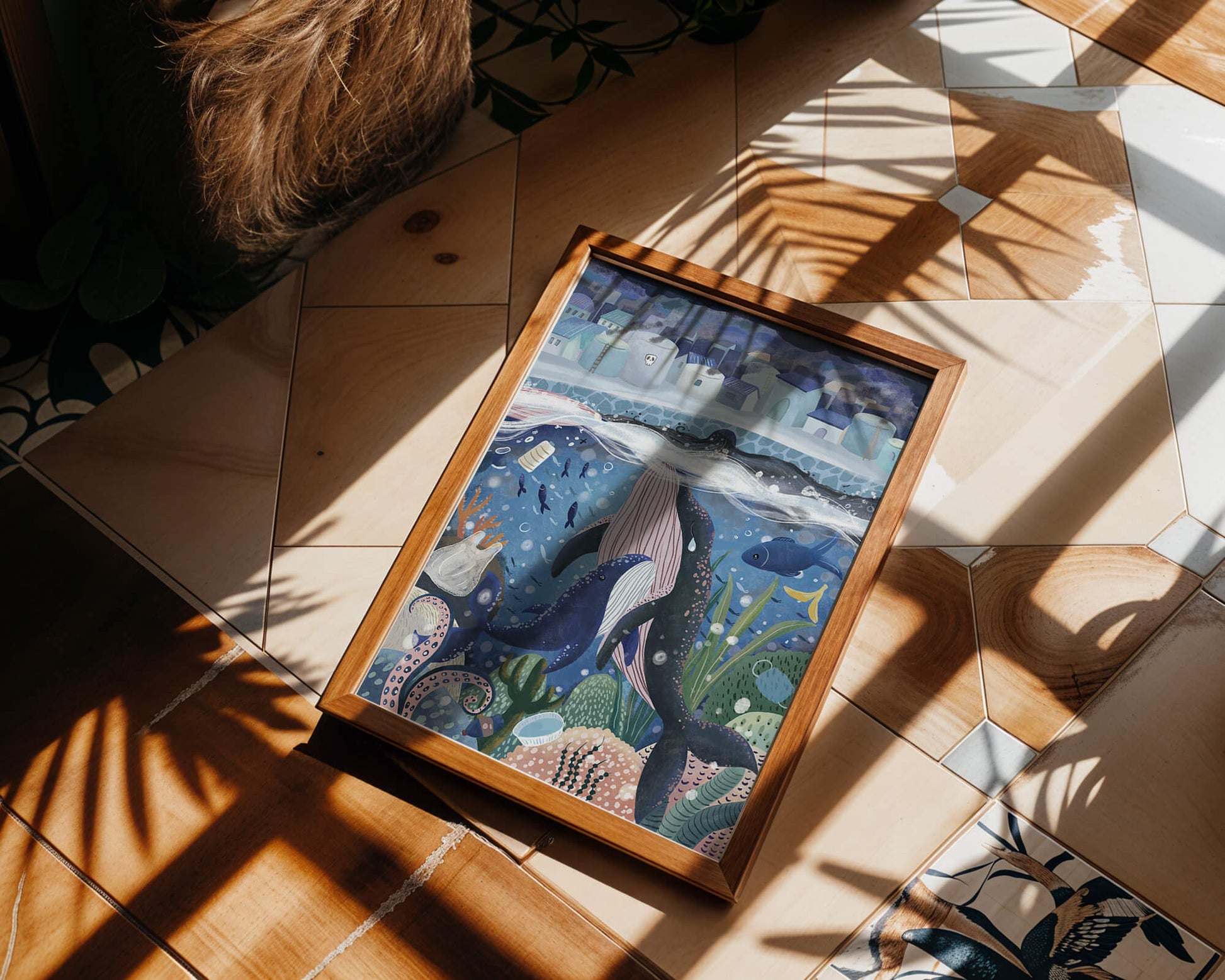 Whimsical Underwater City with Marine Life and Pollution