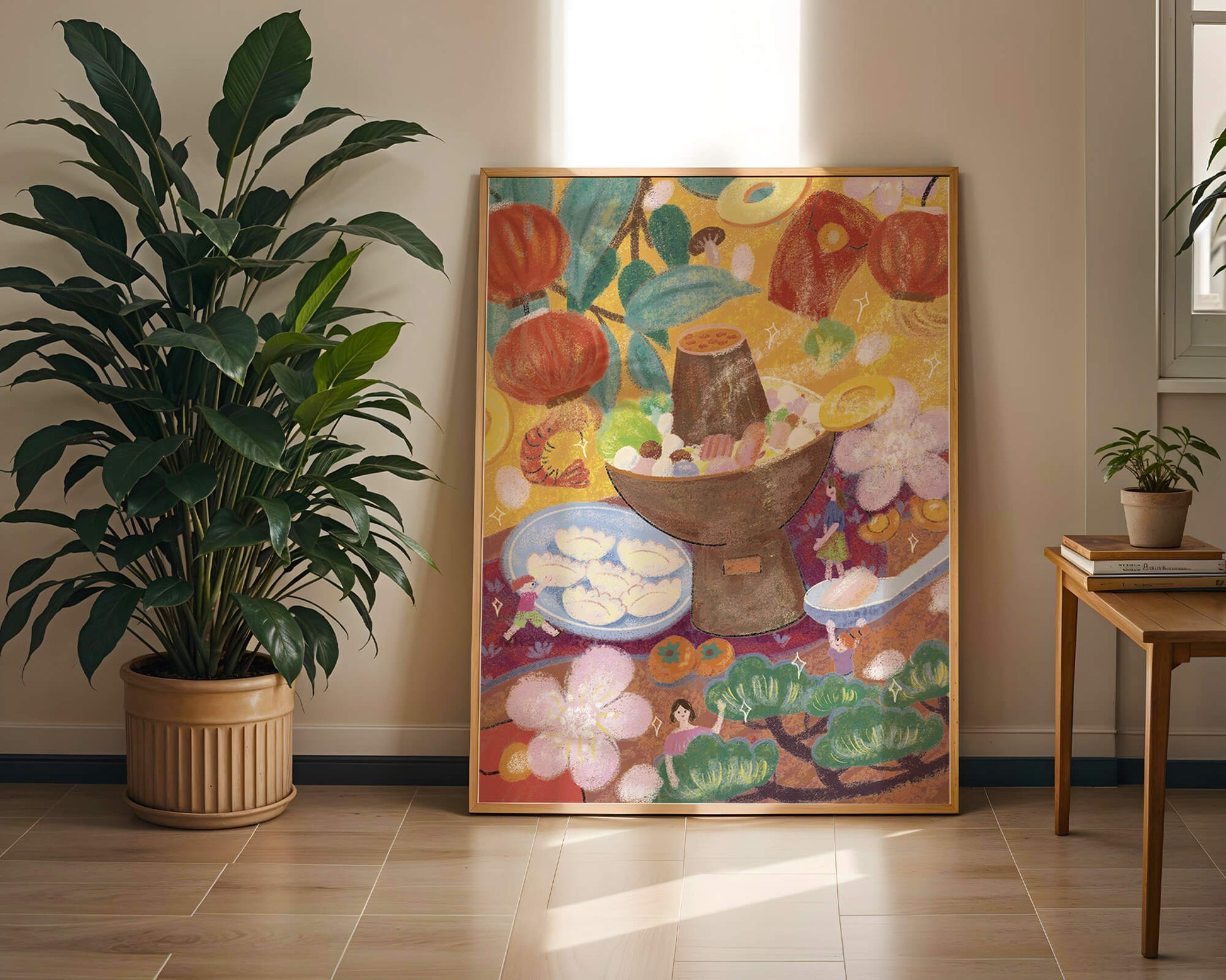 Ilustración del festival de comida asiática colorida con linternas y flores