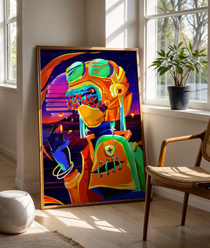Vibrant futuristic illustration with a colorful character in helmet and flowers