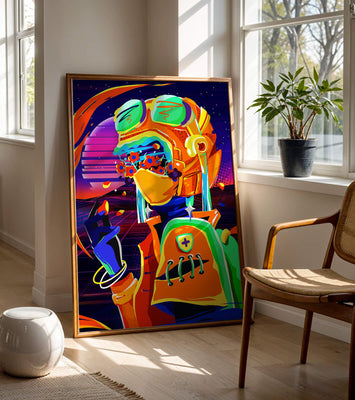 Vibrant futuristic illustration with a colorful character in helmet and flowers