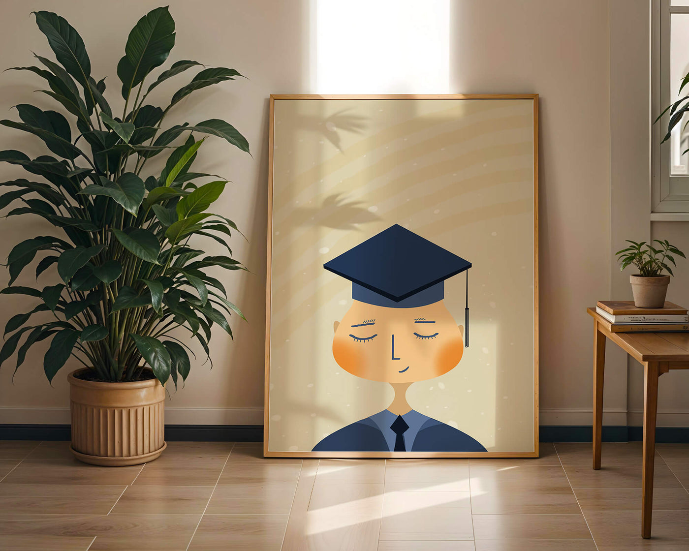 Illustration of a graduate with cap and closed eyes