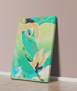 Elegante Kraniche und Fische in einer lebendigen Wasserszene