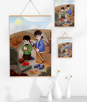 Niños participando en un ritual de otoño con ofrendas e incienso