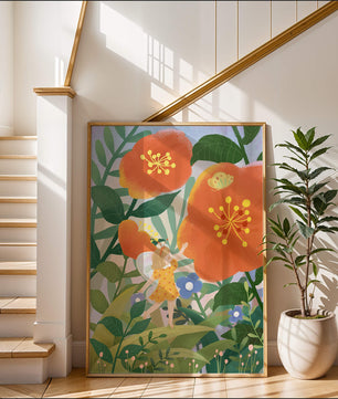 Whimsical illustration of a fairy child in a vibrant floral landscape