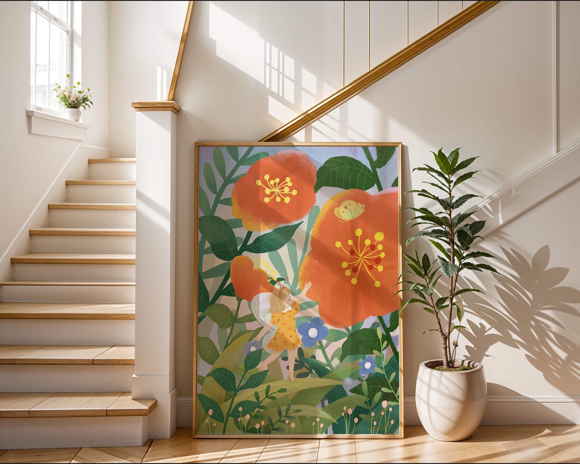 Whimsical illustration of a fairy child in a vibrant floral landscape