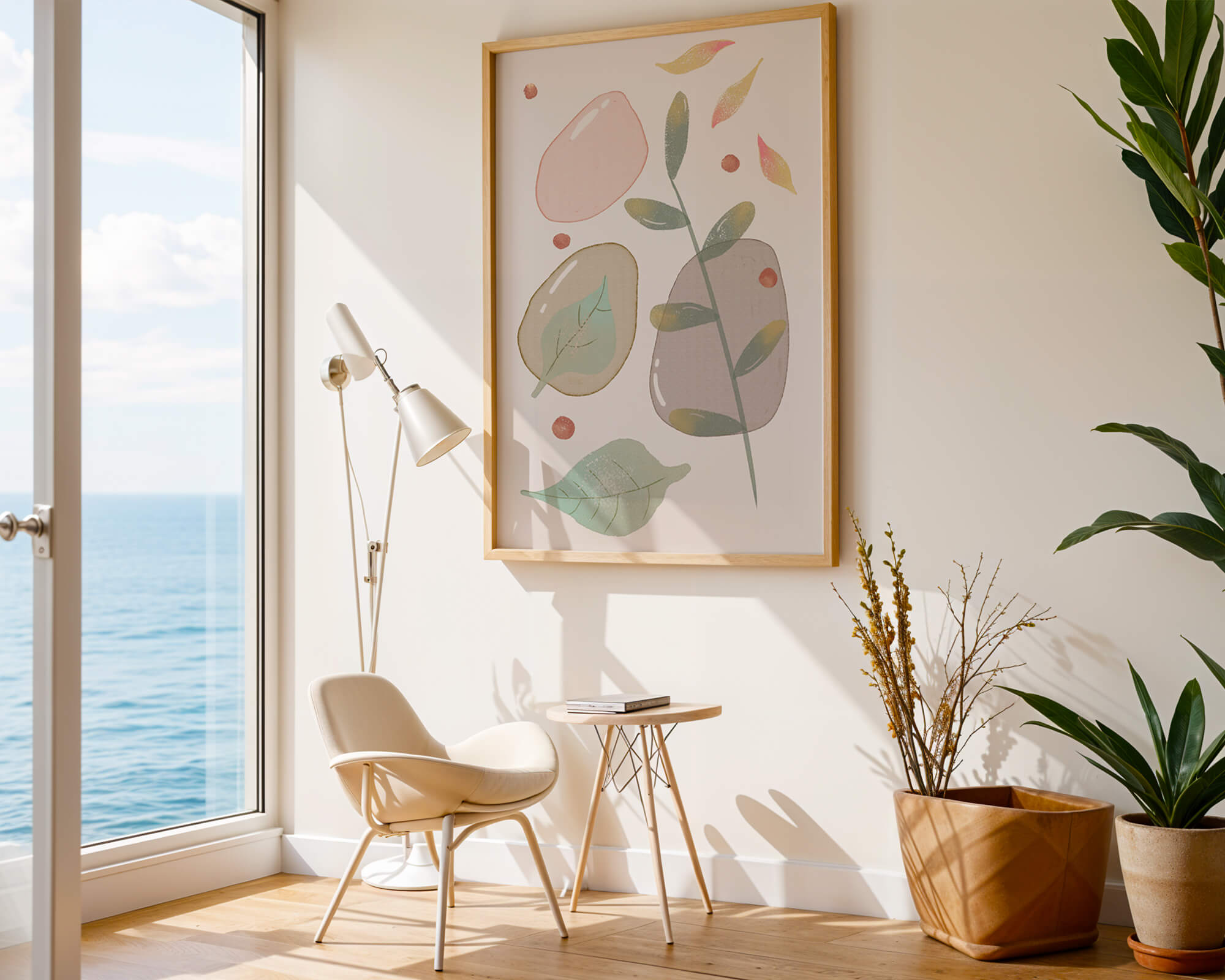 Abstract botanical illustration with pastel colored leaves and shapes