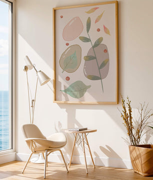 Abstract botanical illustration with pastel colored leaves and shapes