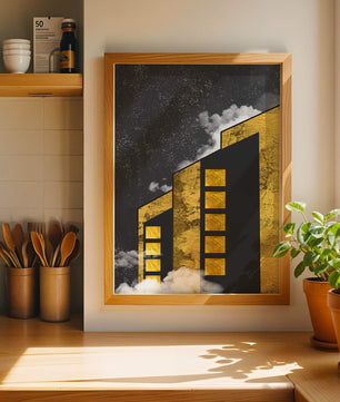 Ilustración arquitectónica artística con elementos dorados y cielo nocturno