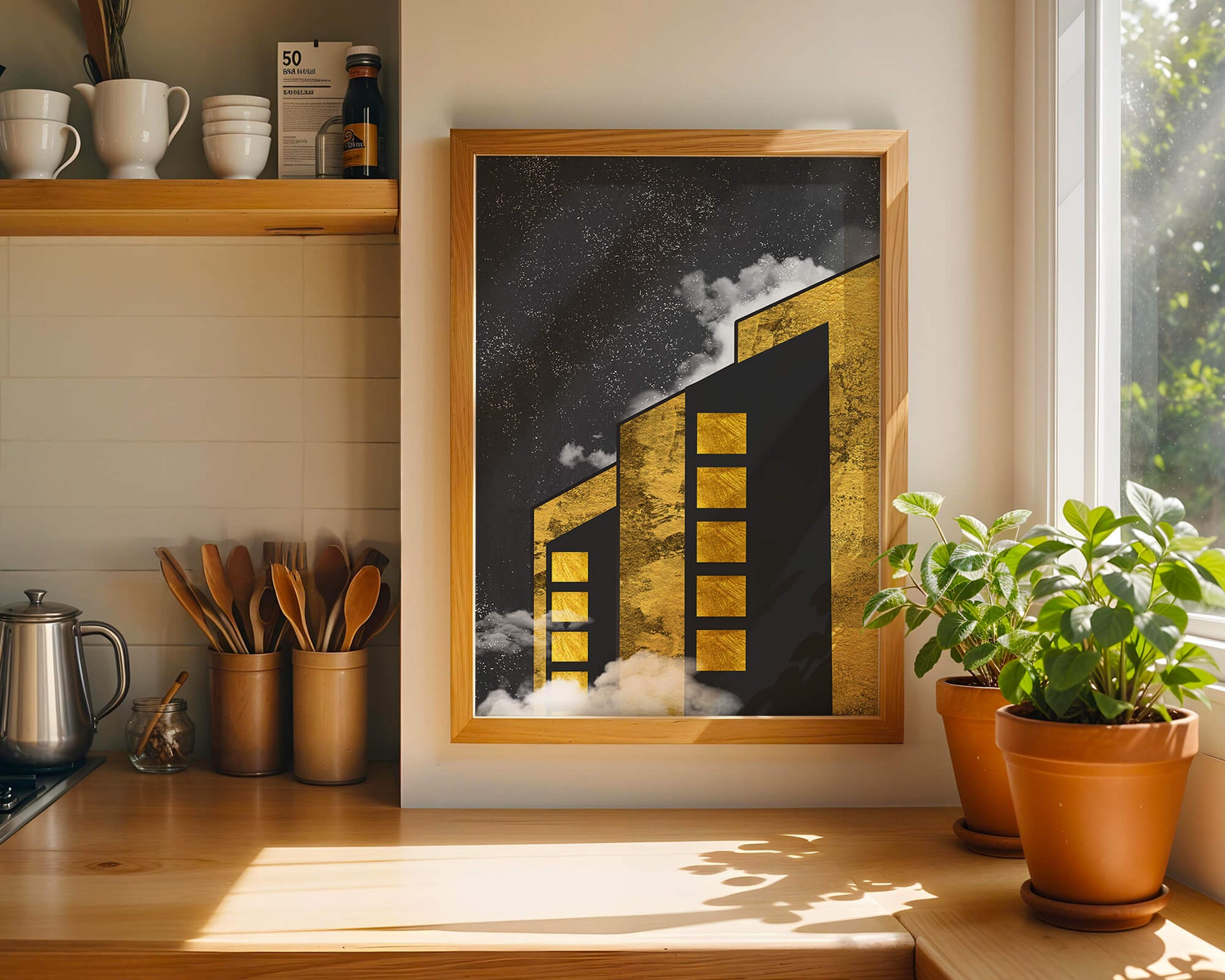 Artistic architectural illustration with golden elements and night sky