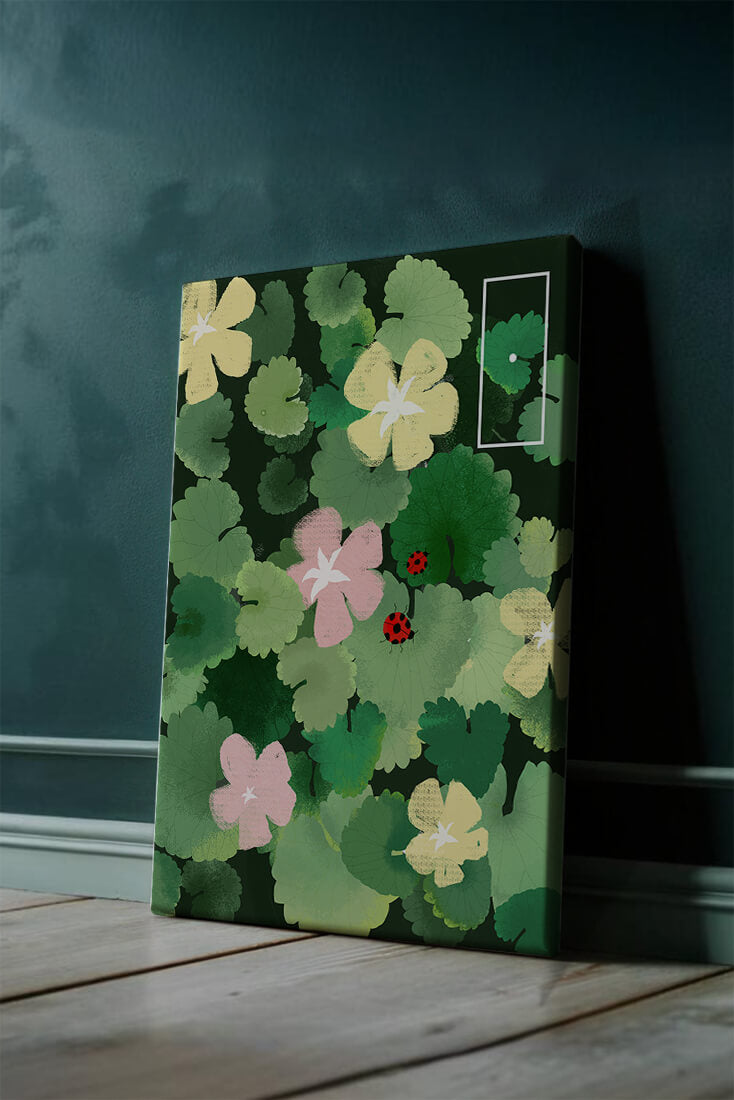 Colorful floral illustration with ladybugs in a lush garden setting